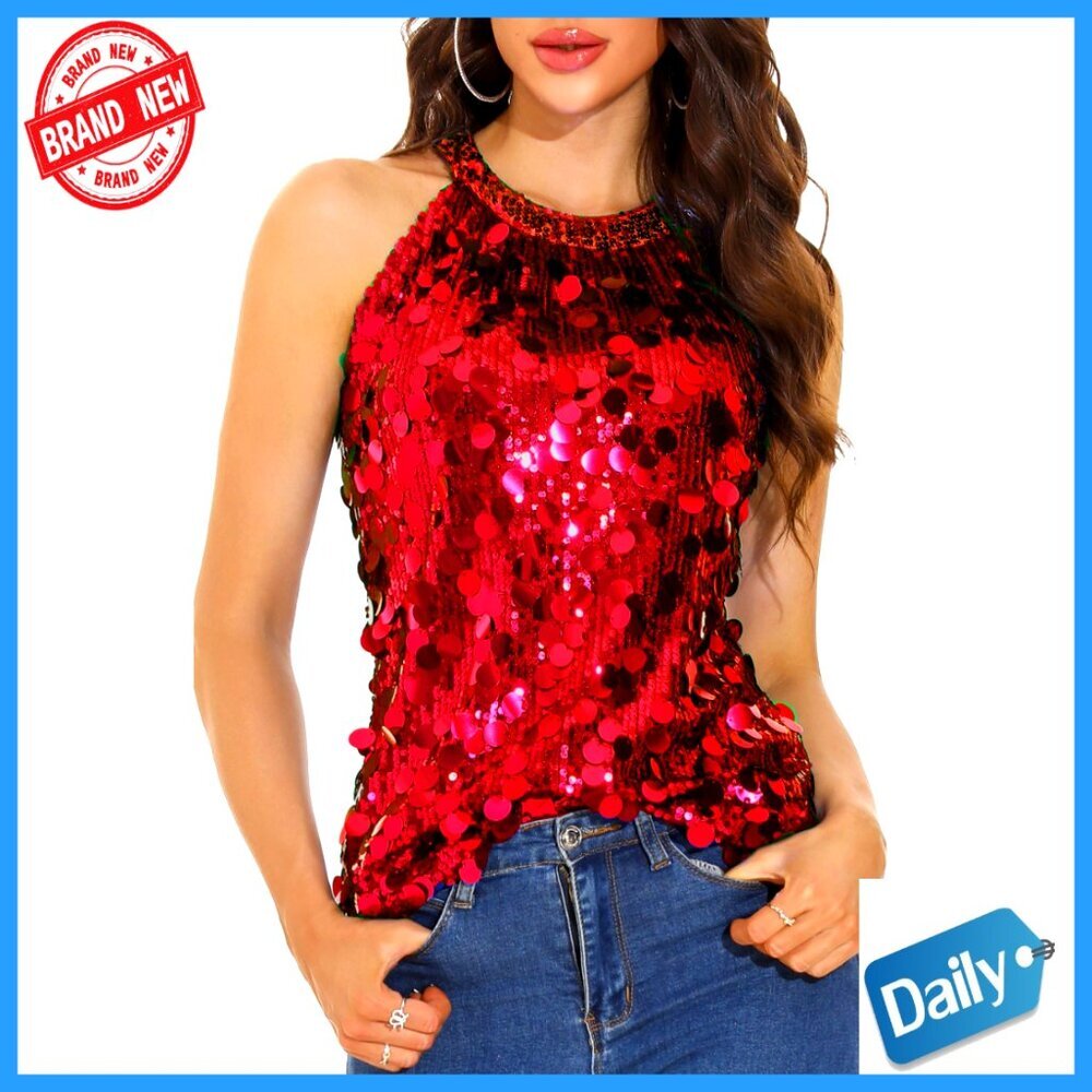 Sequin Halter Tank Top Sparkly Glitter Party Wear Elegant Chic Formal Event